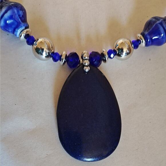 Natural Blue Lapis Beaded Teardrop Stone Necklace 15 inch Silver Accents - Picture 3 of 10